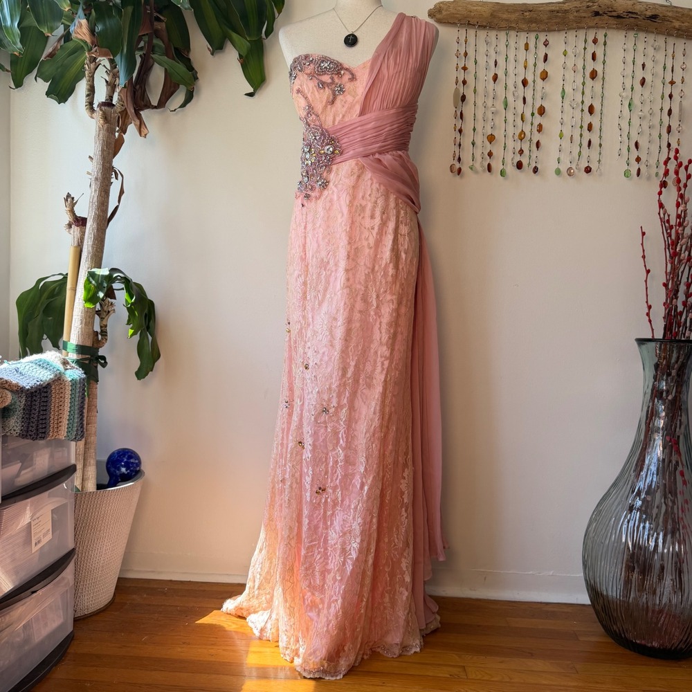 May Queen Couture Y2K Pink Lace Beaded One Shoulder Fairy Prom Dress Mcbling 16